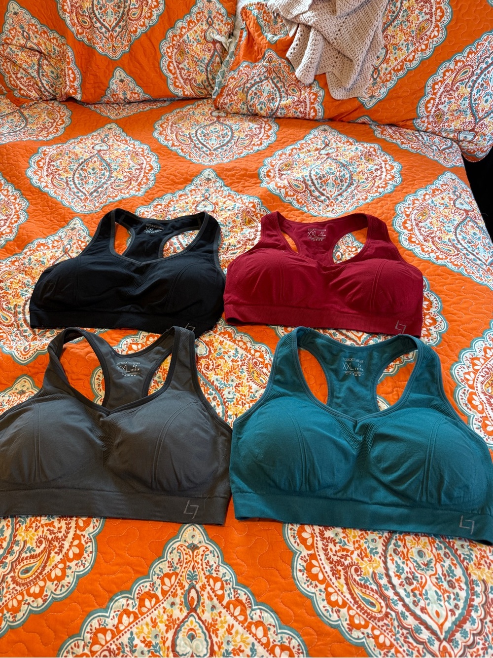 Women’s Wireless Racerback Sports Bras LOT - Black, Burgundy, Charcoal, Teal